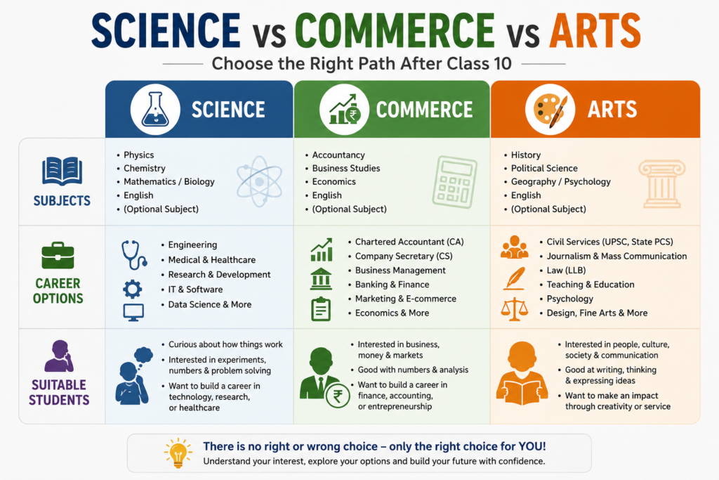 Science Commerce Arts stream comparison after Class 10